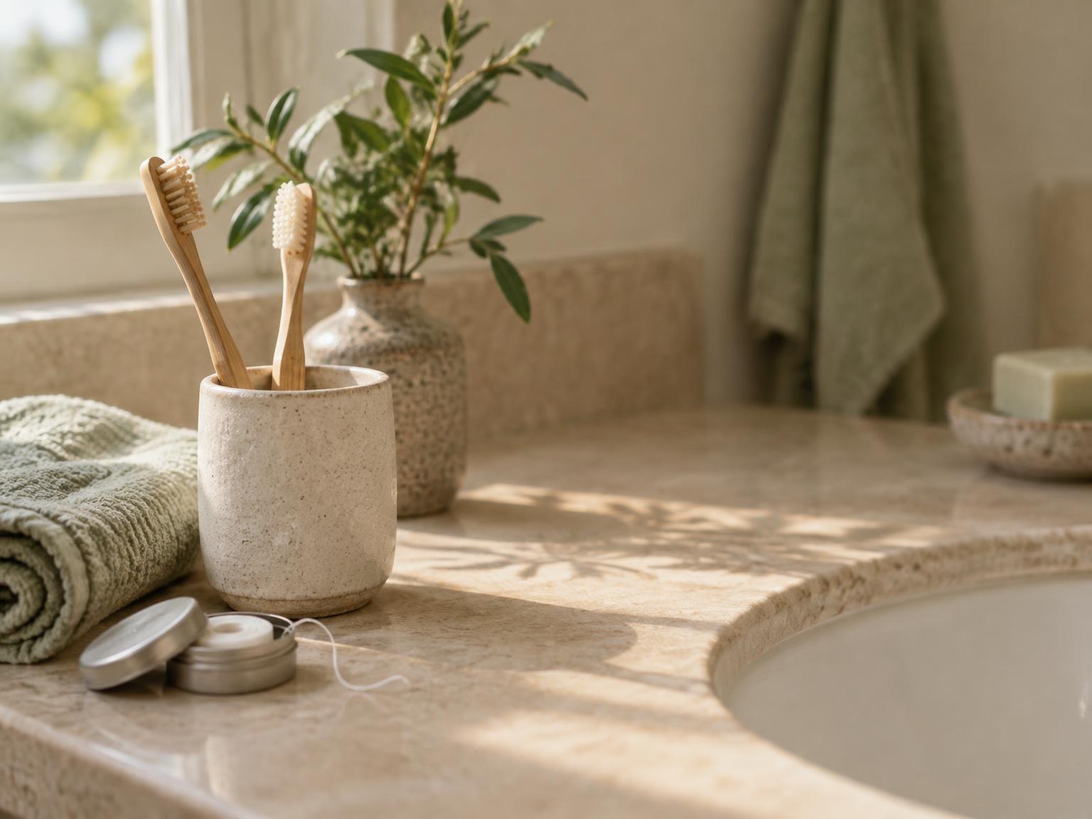 Toothbrushes and dental floss on a bathroom counter in morning light