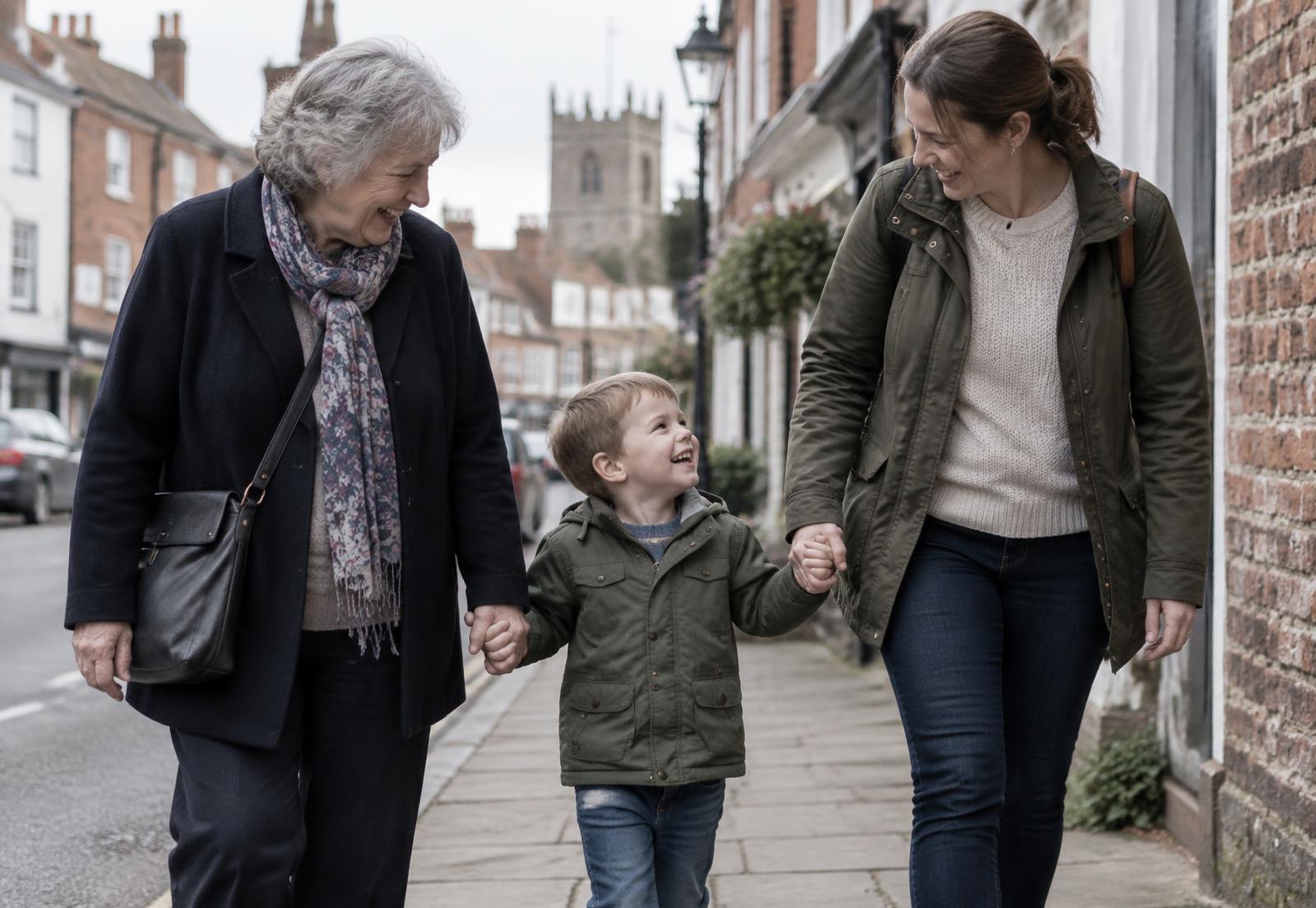 Three generations of a family walking together along a town street