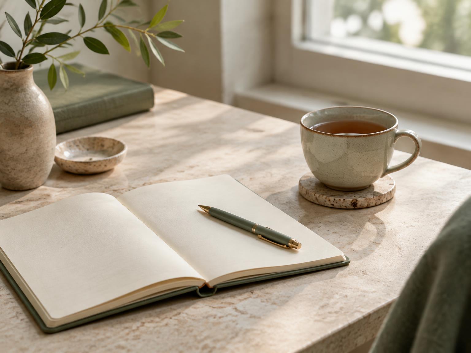 An open notebook, pen and cup of tea on a stone desk in soft morning light